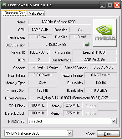 GPU-Z：NVIDIA GeForce 6200